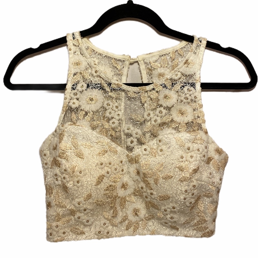 White & Metallic Gold Lace Floral Top